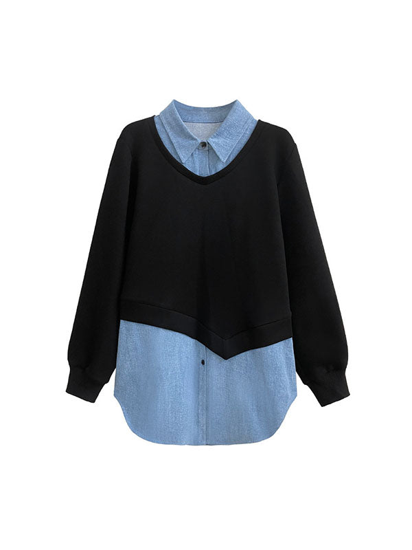 Asymmetric Buttoned Contrast Color Split-Joint False Two Long Sleeves Lapel Sweatshirt Tops