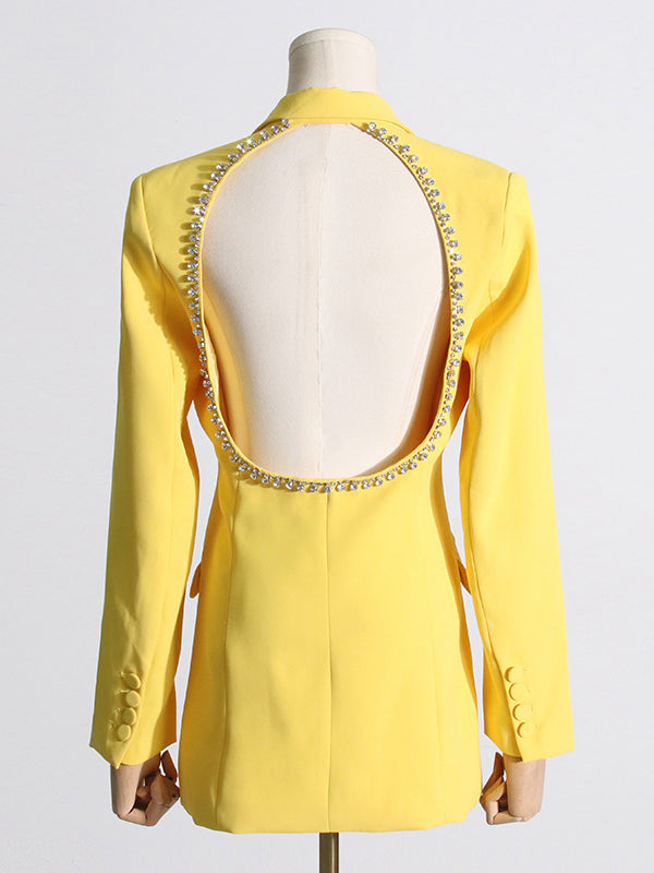 Backless Buttoned Hollow Rhine Stones Solid Color Long Sleeves Deep V-Neck Blazer