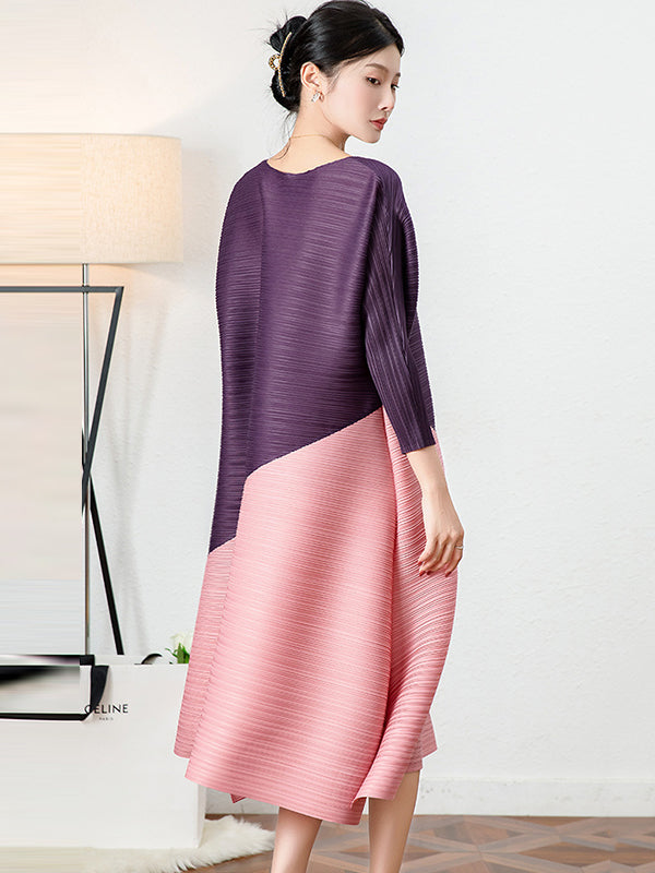 Original Contrast Color Split-Joint Round-Neck Pleated Midi Dress
