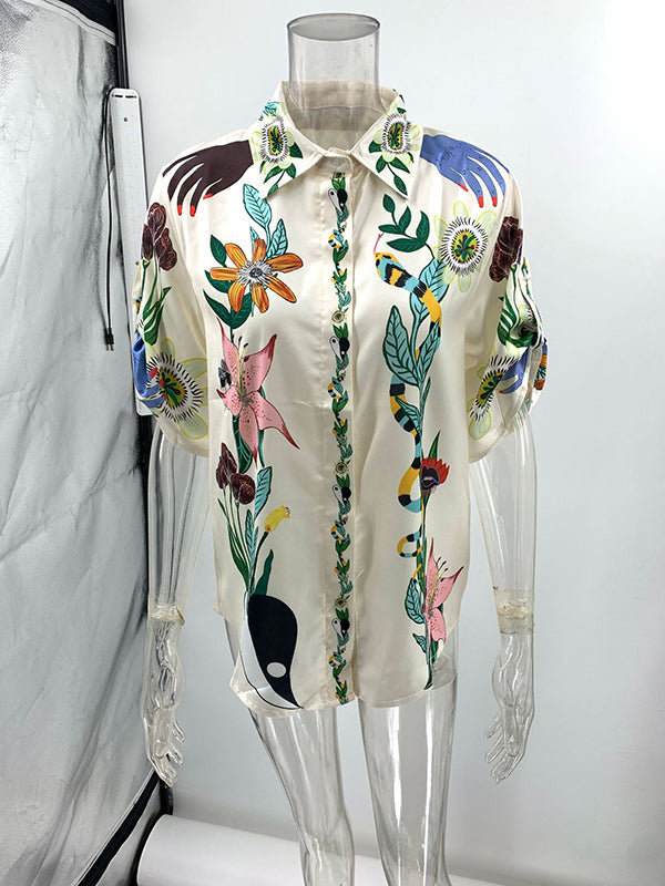 Loose Buttoned Half Sleeves Flower Print Pockets Lapel T-shirt Top + Drawstring Elasticity Pants Bottom Two Pieces Set