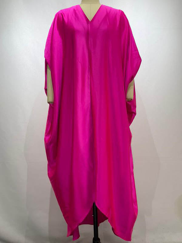 Solid Color Batwing Sleeves High-Low Deep V-Neck Maxi Dresses