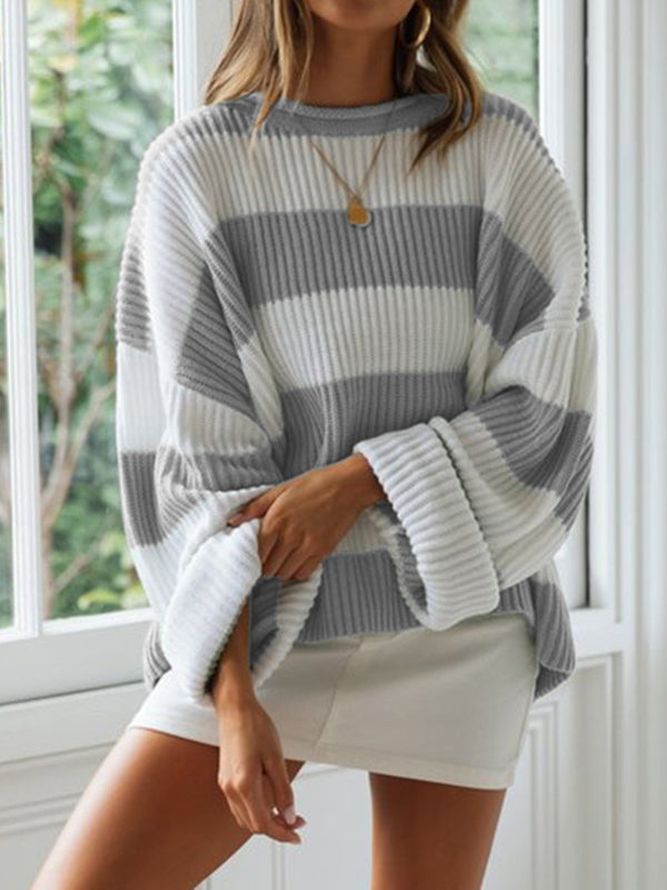 Contrast Color Striped Long Sleeves Loose Round-Neck Sweater Tops Pullovers