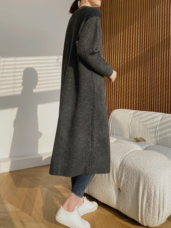 Loose Split-Side Solid Color Round-Neck Knitting Sweater Dresses