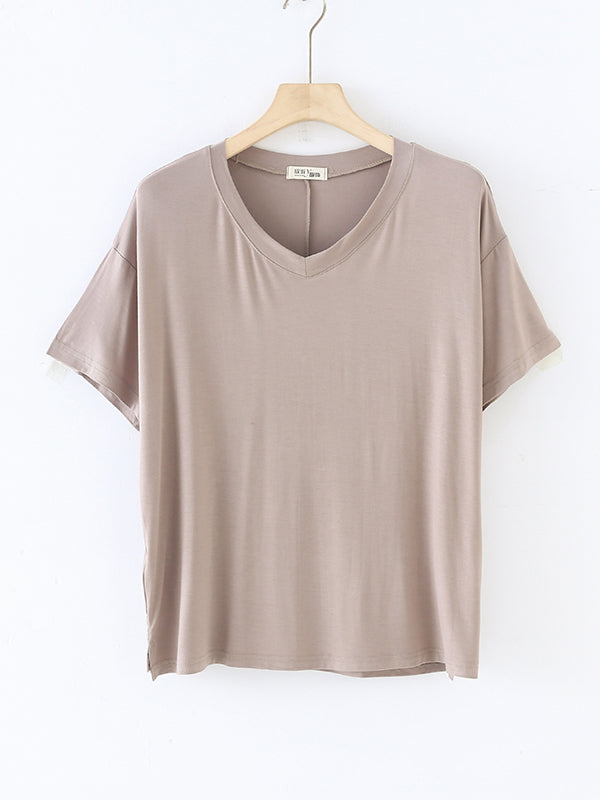 Solid Color Split-Joint Loose Short Sleeves V-neck T-Shirts Tops