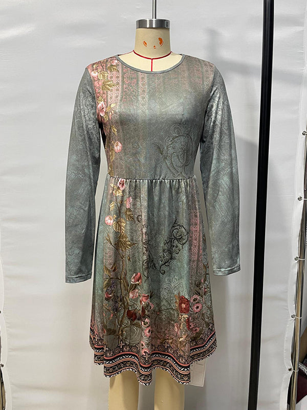 Flower Print Pleated Split-Joint A-line Long Sleeves Round-neck Mini Dresses