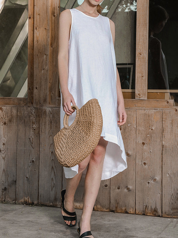 Solid Color High-Low Loose Round-Neck Midi Dresses