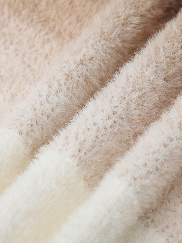 Gradient Split-Joint Velvet Long Sleeves Loose Off-The-Shoulder Sweater Tops