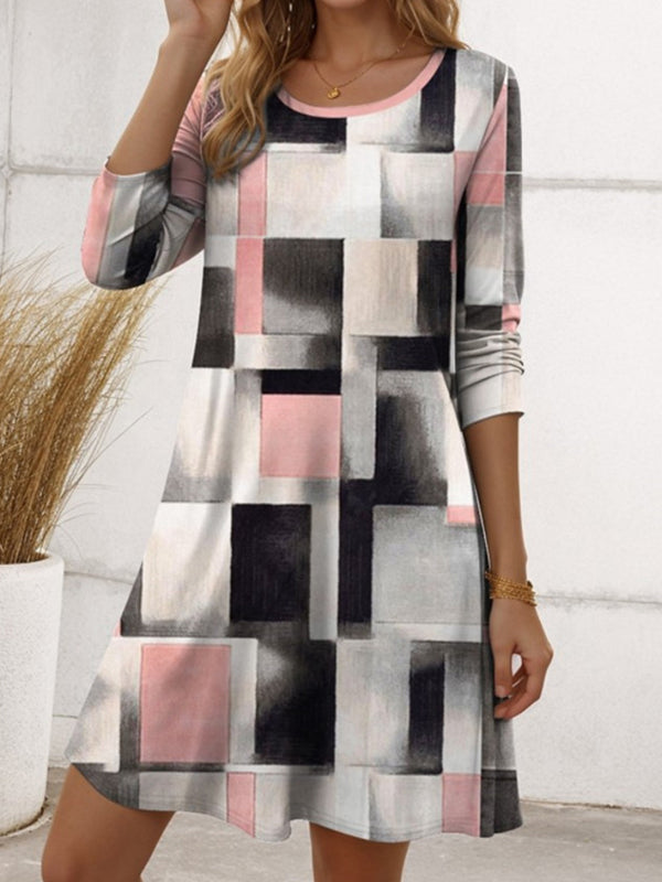 Asymmetric Printed Split-Joint Striped A-Line Irregularity Round-Neck Midi Dresses