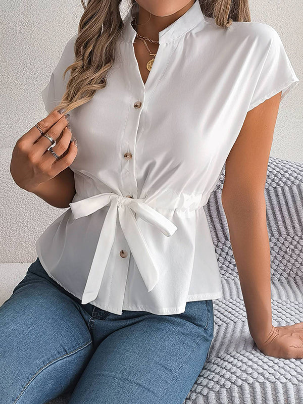 Buttoned Comfort Solid Color Tied Waist Short Sleeves Stand Collar Blouses&Shirts Tops