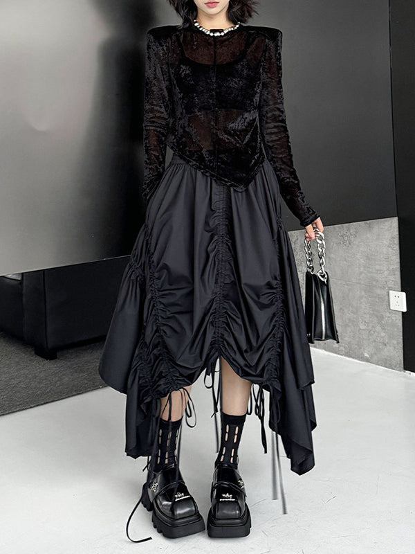 Asymmetric Drawstring Pleated Solid Color A-Line Elasticated Waist Skirts Bottoms