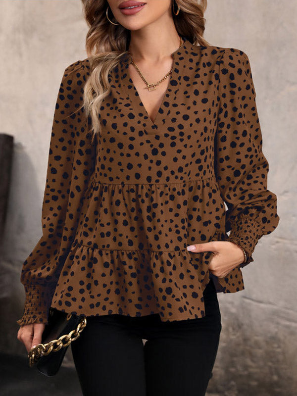 Elasticity Polka-Dot Split-Joint Long Sleeves Loose V-Neck Blouses&Shirts Tops