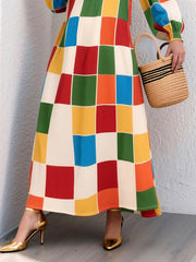 Loose Puff Sleeves Elasticity Rainbow Plaid Split-Joint V-Neck Maxi Dresses