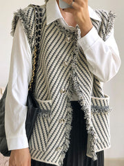 Buttoned Fringed Pockets Striped Loose Sleeveless V-Neck Vest Outerwear