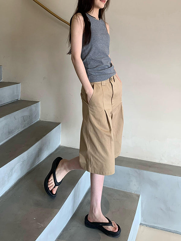Pleated Solid Color High Waisted Loose Shorts Bottoms Half Pants