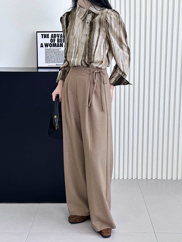 Asymmetric Gradient Pleated Printed Loose Puff Sleeves Lapel Blouses
