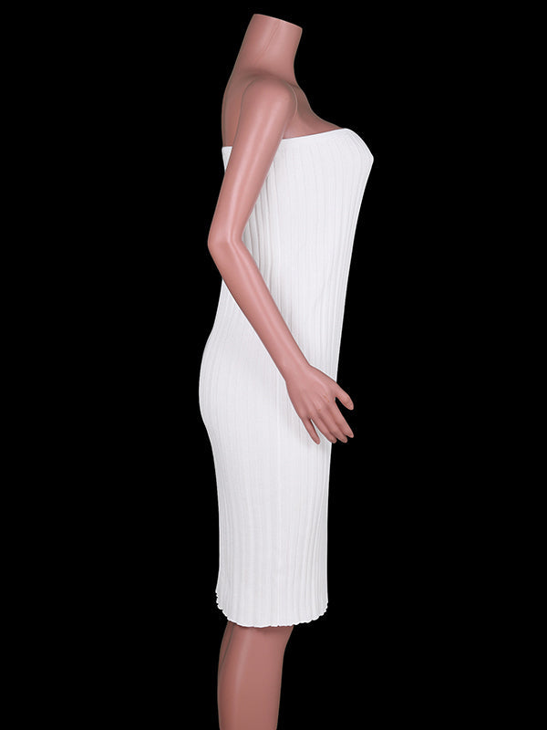 Elasticity Pleated See-Through Solid Color Bodycon Skinny Tube Skirts Midi Dresses