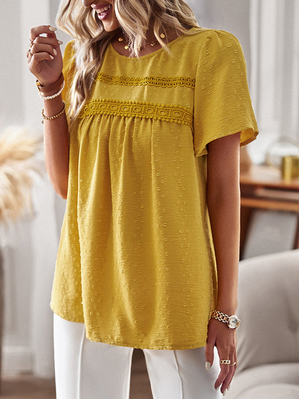 Hollow Jacquard Pleated Solid Color Split-Joint Loose Short Sleeves Round-Neck T-Shirts Tops