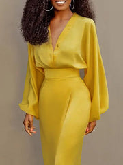 Buttoned Solid Color Long Sleeves Loose V-Neck Blouses&Shirts Tops
