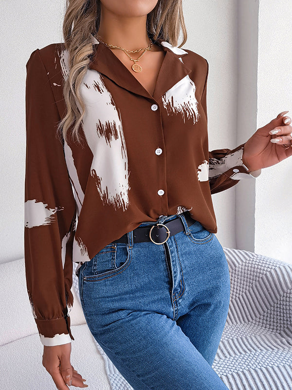 Buttoned Printed Long Sleeves Loose Notched Collar Blouses&Shirts Tops