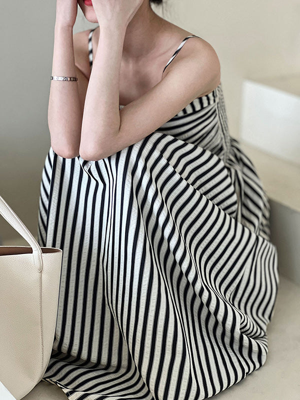 Pleated Split-Joint Striped Loose Sleeveless Spaghetti-Neck Midi Dresses