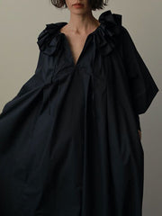 Pleated Solid Color Split-Joint Tiered Loose Puff Sleeves V-Neck Midi Dresses