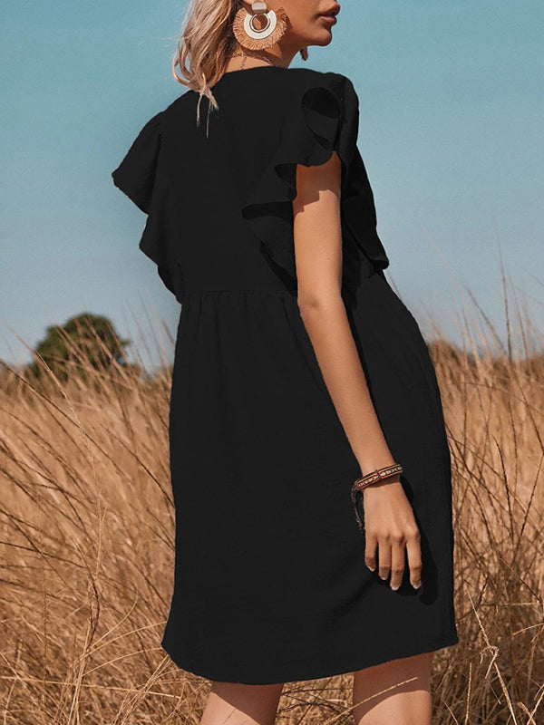 Falbala Pleated Split-Joint Loose Short Sleeves V-Neck Mini Dresses