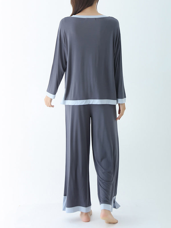 Contrast Color Long Sleeves Loose Round-neck Two Pieces Pajama Set