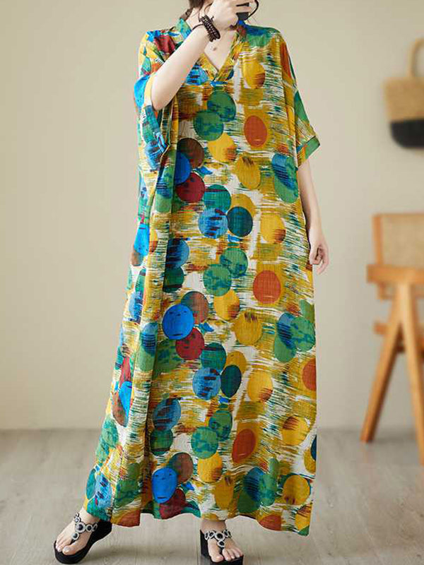 Contrast Color Polka-Dot Batwing Sleeves Half Sleeves V-Neck Maxi Dresses