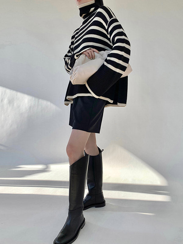 Contrast Color Pleated Split-Joint Split-Side Striped Patterns Long Sleeves Loose High Neck Sweater Tops