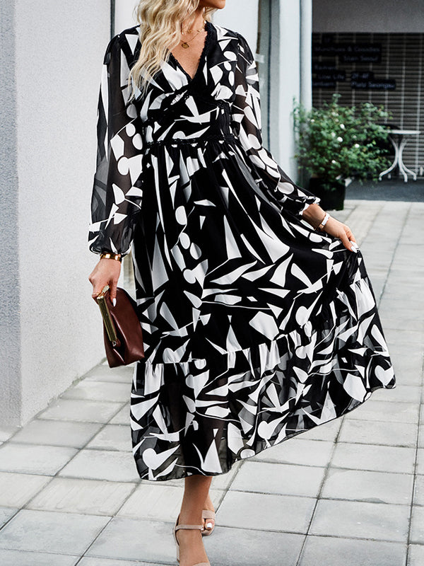 Mesh Printed Split-Joint A-Line High Waisted Deep V-Neck Midi Dresses