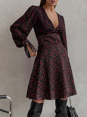 Flower Print Zipper A-Line Flared Sleeves Deep V-Neck Mini Dresses