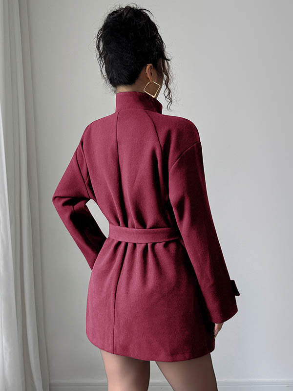 Elasticated Waist High Waisted Asymmetric Buttoned Solid Color Tied Waist Stand Collar Outerwear