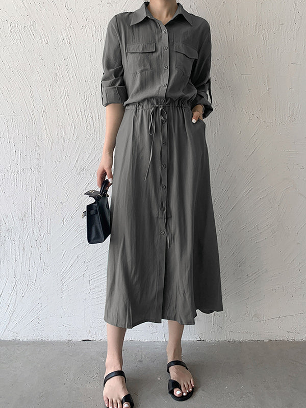 Casual A-Line Long Sleeves Bandage Solid Color Lapel Collar Shirt Midi Dresses