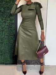 Bowknot Solid Color Split-Joint A-Line Long Sleeves Round-Neck Midi Dresses