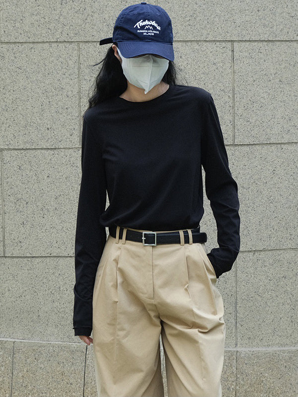 Simple Loose Long Sleeves Solid Color Round-Neck T-Shirts Tops
