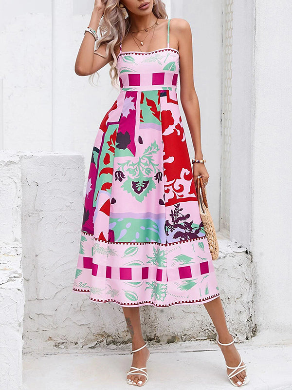 Pleated Printed Split-Joint High Waisted Sleeveless Collarless Slip Dress Midi Dresses