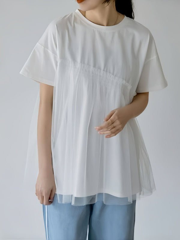 Asymmetric Mesh Split-Joint Loose Short Sleeves Round-Neck T-Shirts Tops