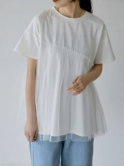 Asymmetric Mesh Split-Joint Loose Short Sleeves Round-Neck T-Shirts Tops