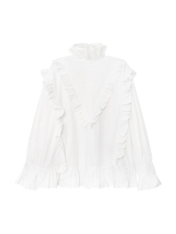 Buttoned Ruffled Solid Color Long Sleeves Loose Stand Collar Blouses&Shirts Tops