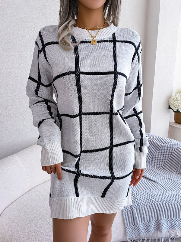 Belted Contrast Color Plaid Elasticated Waist Long Sleeves Round-Neck Sweater Dresses Mini Dresses
