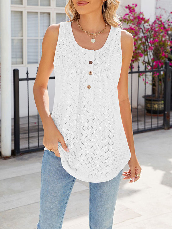 Buttoned Pleated Split-Joint Loose Sleeveless Round-Neck Vest Top