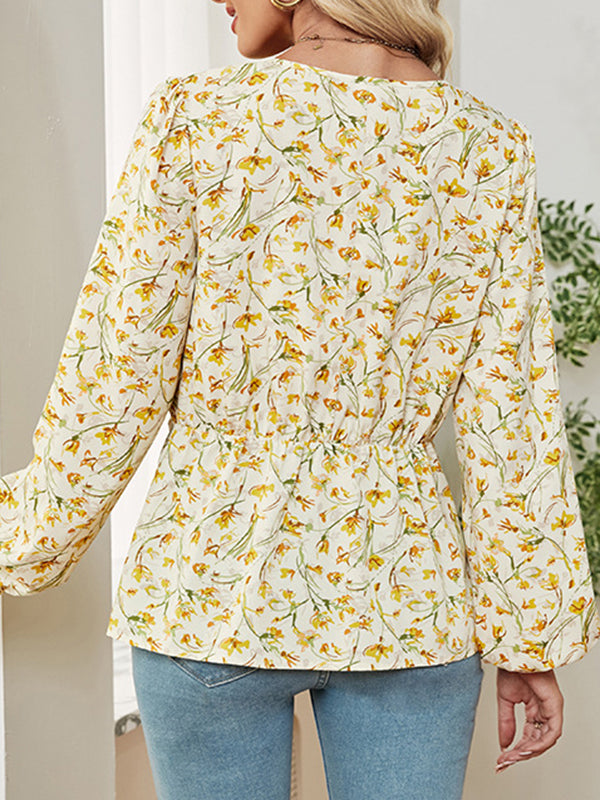 Flower Print Knot Long Sleeves Loose V-Neck Blouses&Shirts Tops