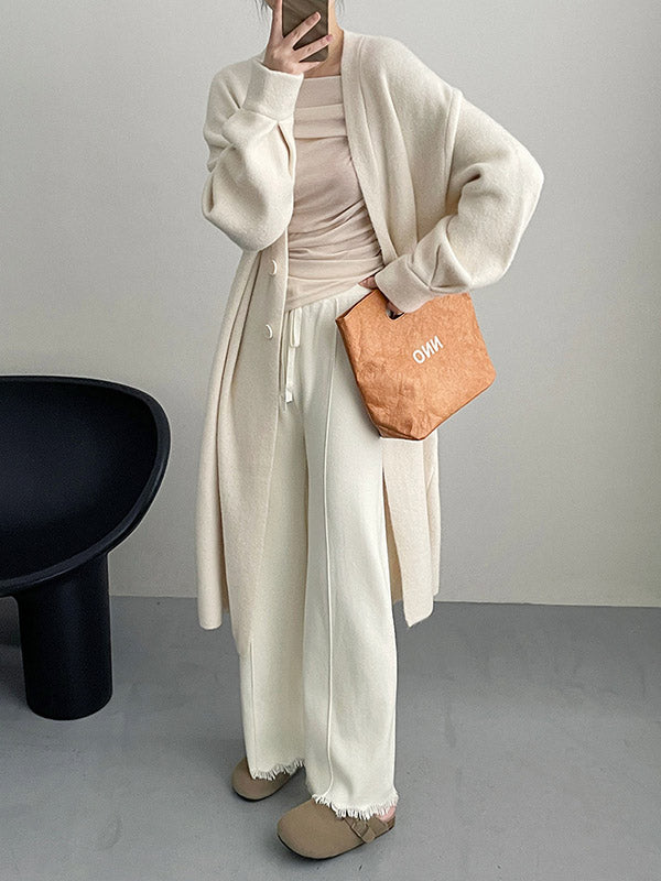 Fringed Pleated Solid Color Split-Joint Tied Waist High Waisted Loose Trousers Pants