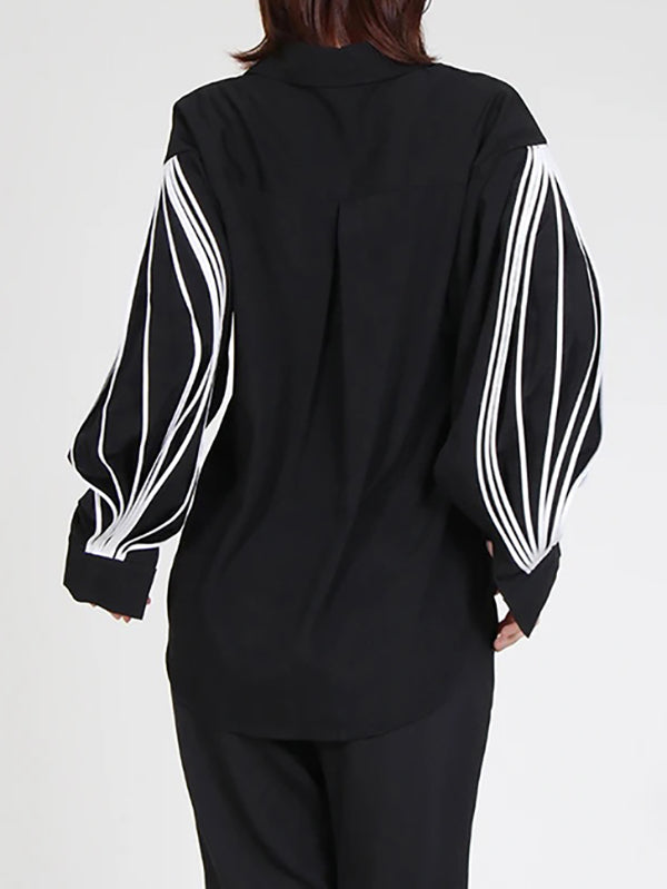Buttoned Contrast Color Long Sleeves Loose Lapel Blouses&Shirts Tops
