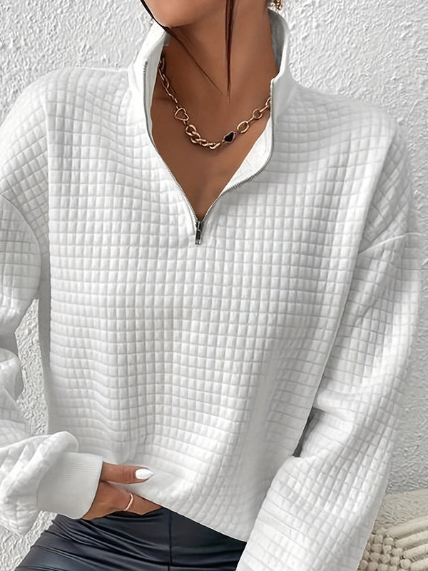 Waffle Check Zipper Long Sleeves Loose Lapel Sweatshirt Tops