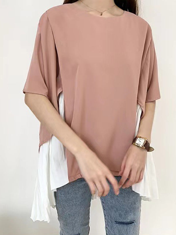 Pleated Split-Joint High-Low Loose Round-Neck T-Shirts Tops