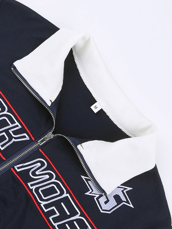 Contrast Color Letter Print Split-Joint Long Sleeves Skinny High Neck Jackets