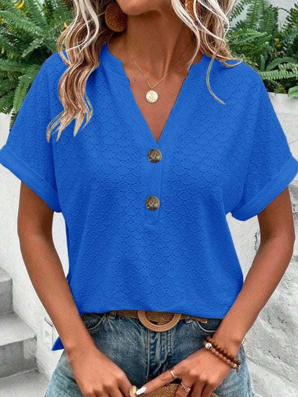 Buttoned Jacquard Split-Joint Loose Plus Size V-Neck T-Shirts Tops