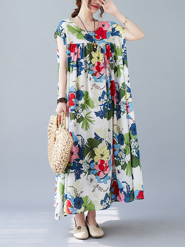Original Loose Artistic Retro Floral Printed Pleated Midi Dress