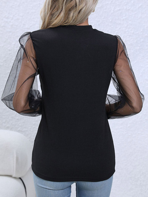 Solid Color Loose Puff Sleeves V-Neck Mesh Blouses&Shirts Tops